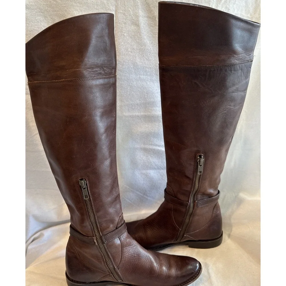 Frye Melissa Womens Fold Over Knee Boots Tall Riding Brown Leather‎ Strap 6.5 B